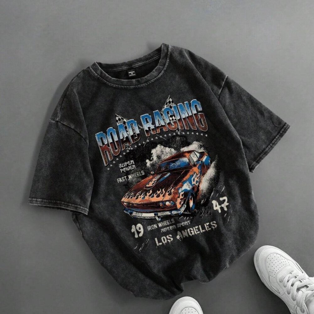 Men Summer Casual Short Sleeve T-Shirt With Letter & Car Graphic Print
